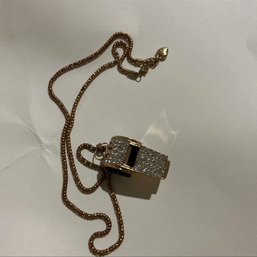 Elegant Betsy Johnson Bling Gold and Black Whistle Pendant Necklace